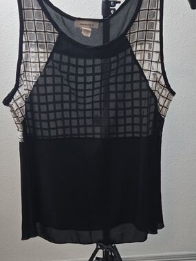 January 7 Black Sheer Tank with Beige Grid Panels